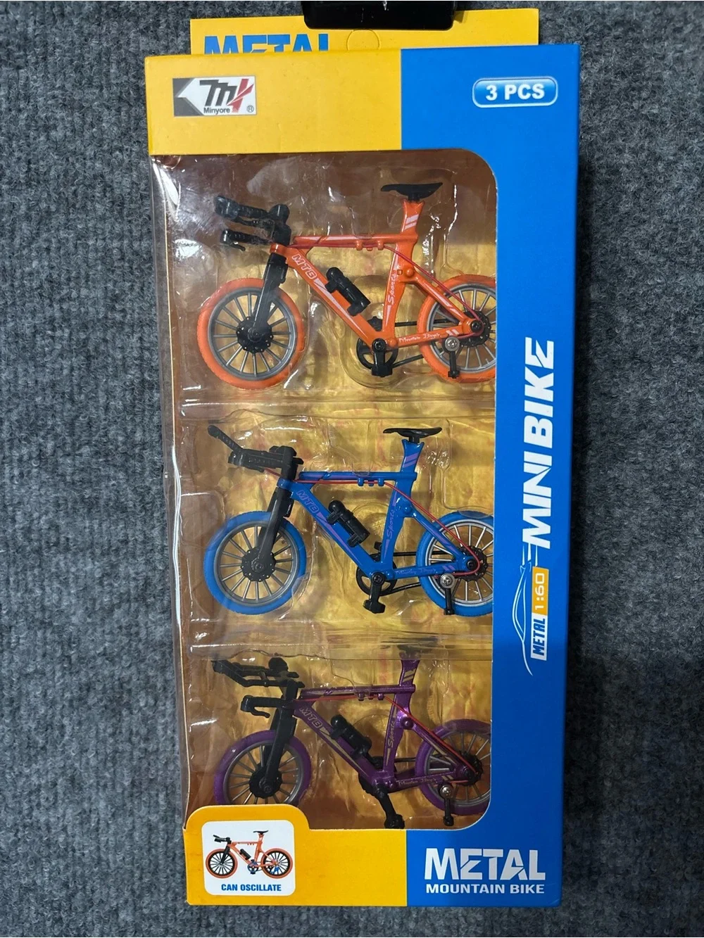 Diecast 1:60 Metal Mini Mountain Bike Toy Set 3 Pcs Orange Blue Purple Bicycles